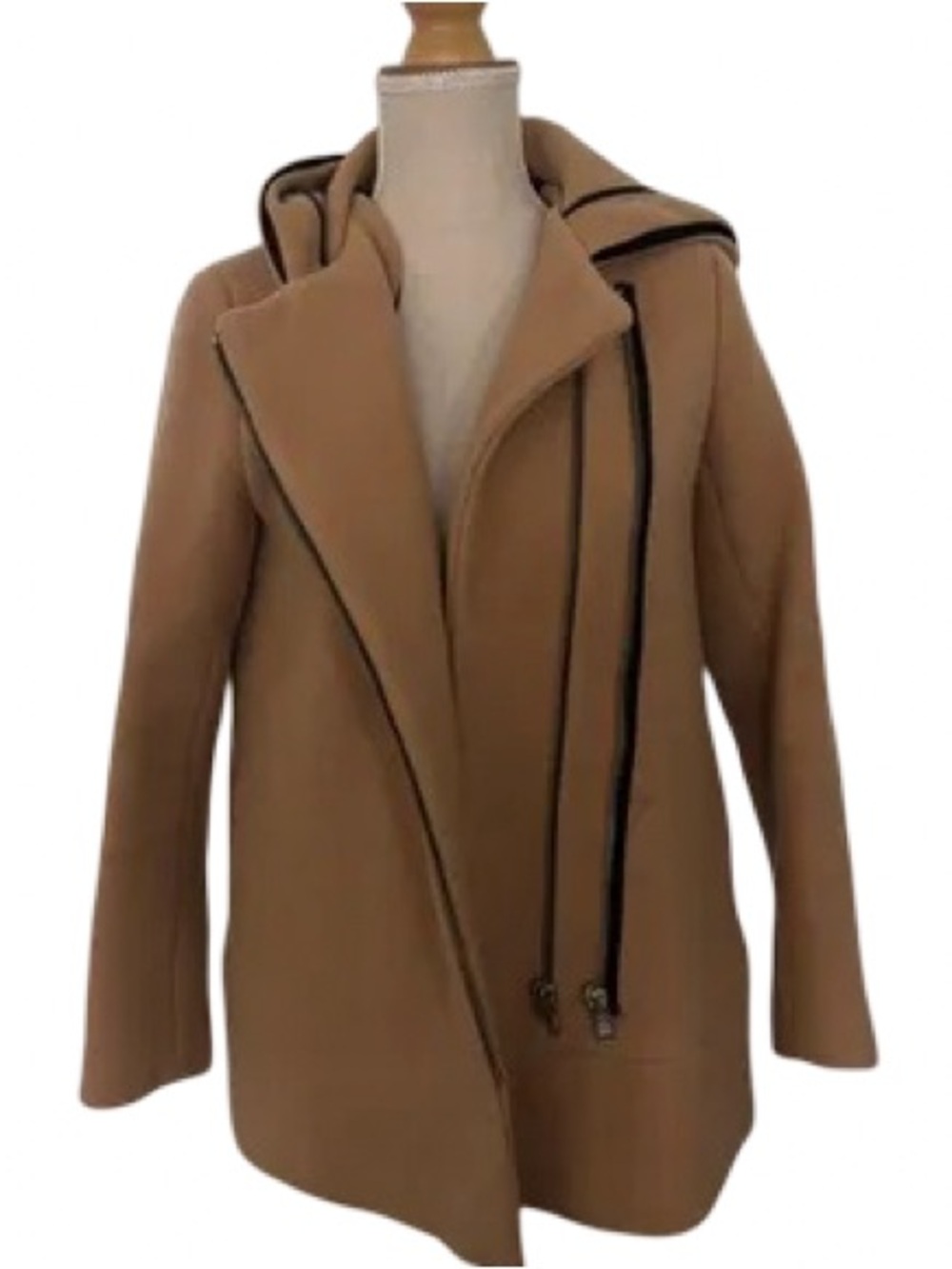 Sandro Camel Pea Coat with Black Trim